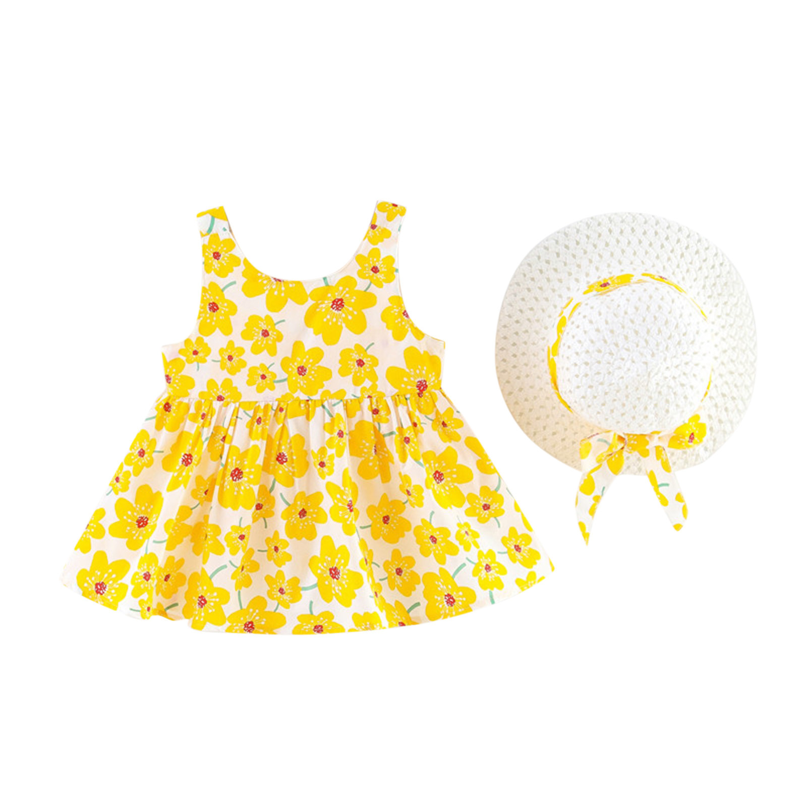 JSCDRPDWL Flower Girl Dress Toddler Girls Sleeveless Bowknot Dresses Floral Printed Princess Dress Hat Outfits Baptism Dresses for Baby Girls Yellow 18-24 Months